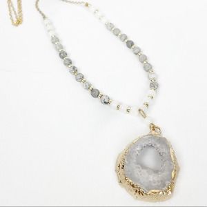 Bohemian Agate Quartz Glass Necklace Gold Trim Teal White Boho